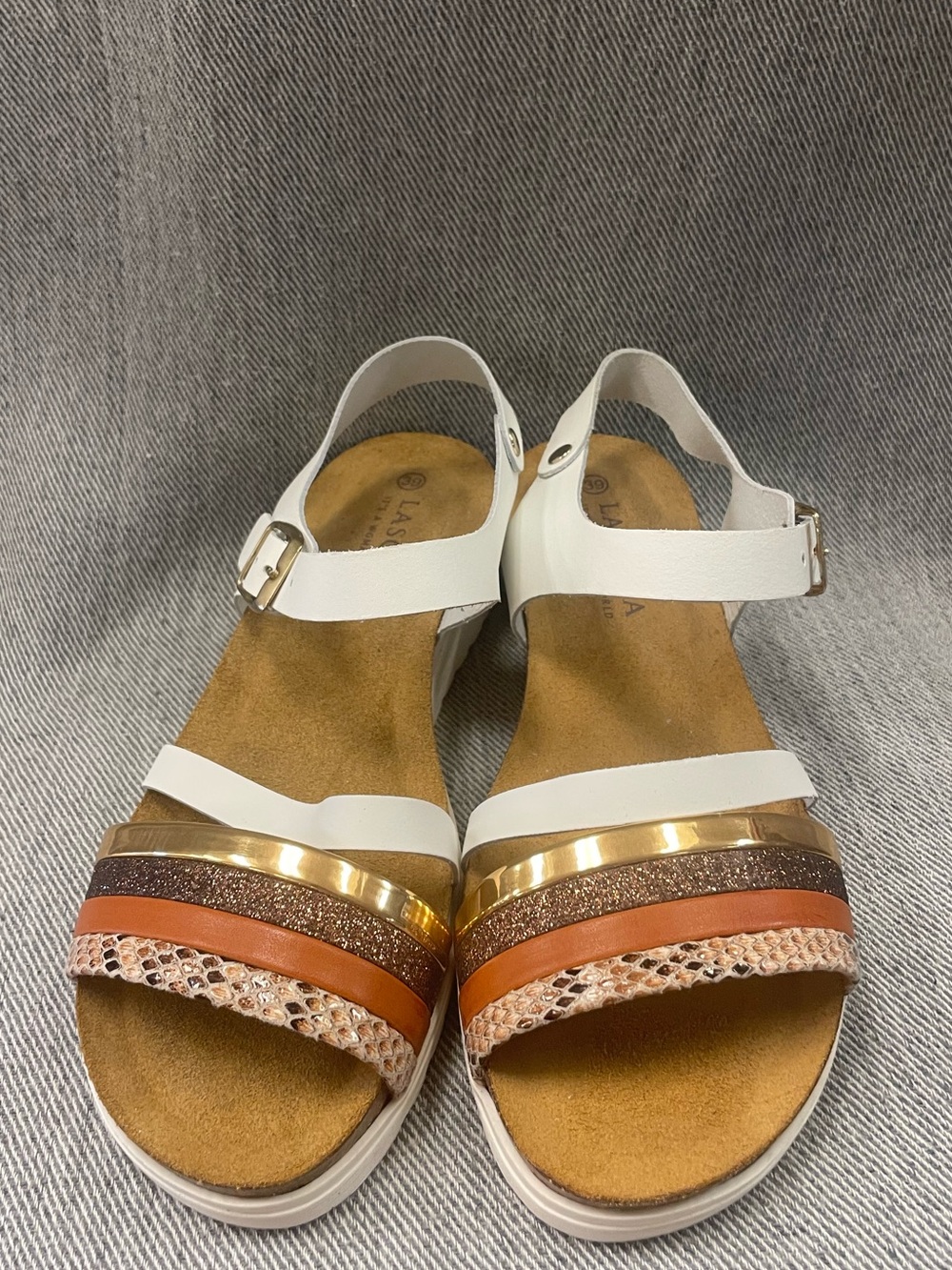 New Beautiful Lascana White Wedge Sandals with Gold and Tan Straps
